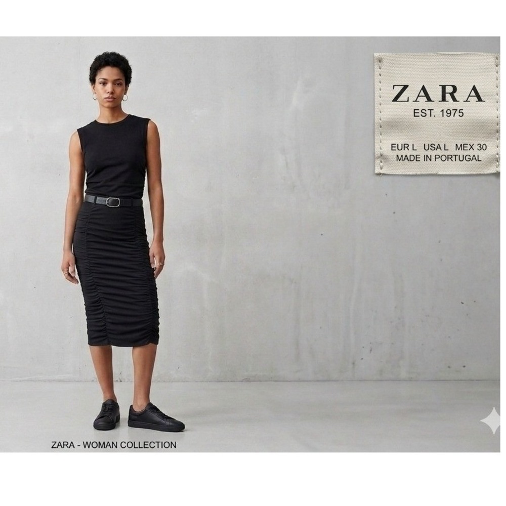 Zara Basic Black Sleeveless Ruched Side Top Crew Neck Side Zip Minimalist Size L